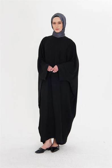 Siyah Yarasa Kol Oversize Medine İpeği Arkası Düğmeli Düz Elbise 4001_01 - 1