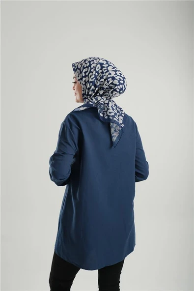 Lacivert Desenli Eşarp Kesik Elyaf Pamuksu Leopar Dijital Baskılı 202206_02 - Resim 3