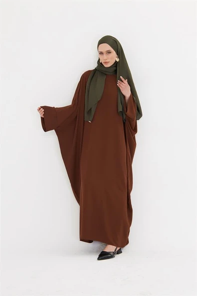Açık Kahve Yarasa Kol Oversize Medine İpeği Arkası Düğmeli Düz Elbise 4001_47 - 1