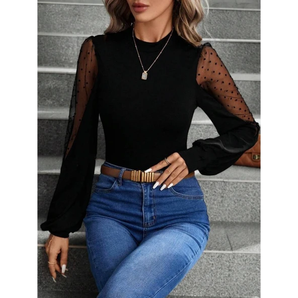 Lucky Life Kadın Uzun Kollu Yarı Balıkçı Yaka Kolları Tül Detaylı Ithal Krep Bluz - 3