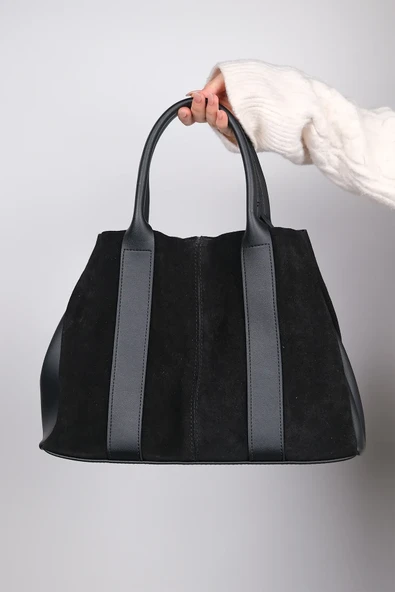 Siyah Suni Süet Ekstra Yavru Çantalı Kadın El ve Omuz Çantası