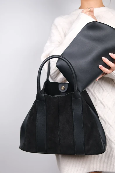 Siyah Suni Süet Ekstra Yavru Çantalı Kadın El ve Omuz Çantası - 3