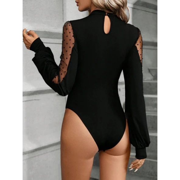 Lucky Life Kadın Uzun Kollu Yarı Balıkçı Yaka Kolları Tül Detaylı Ithal Krep Bluz - 5