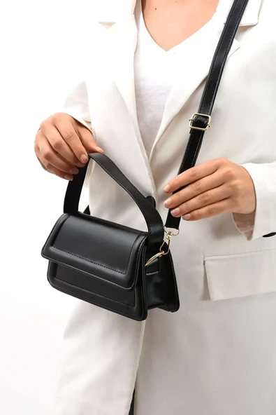 Siyah Kadın Şık Tasarımlı El ve Çapraz Askılı Çantası - 4