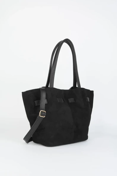 Süet Kemer Detaylı Siyah Kadın el ve Omuz Çantası - 3