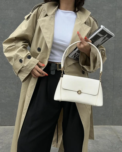 Beyaz Retro Baget Önden Kapaklı Kadın Omuz Ve El Çantası