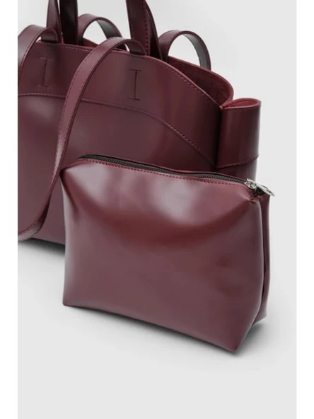 Bordo Fermuarlı Makyaj Çantalı El Ve Kadın Omuz Çantası - 4