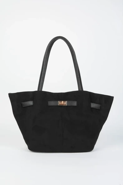 Süet Kemer Detaylı Siyah Kadın el ve Omuz Çantası