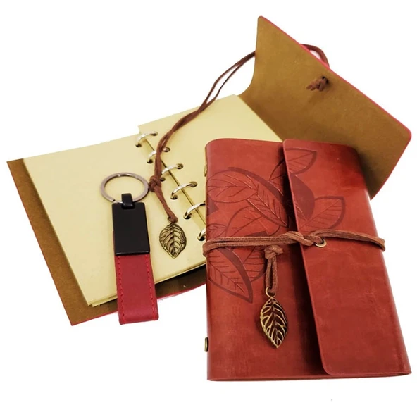 Özel Ahşap Kutulu Kahve Deri Defter Ve Anahtarlık Set - 3