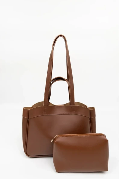 Taba Fermuarlı Makyaj Çantalı El Ve Kadın Omuz Çantası - 2