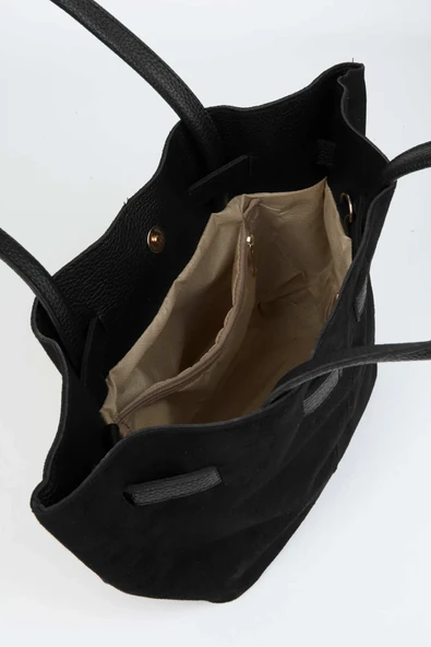 Süet Kemer Detaylı Siyah Kadın el ve Omuz Çantası - 2