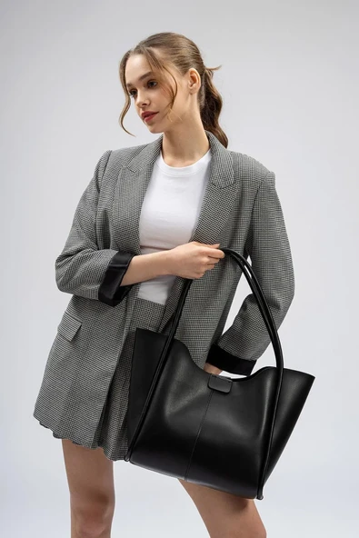 Siyah Tote Büyük Boy Kadın El ve Omuz Çantası - 3