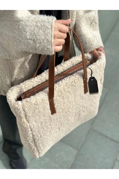 Büyük Boy Peluş Deri Saplı Model Kadın El Ve Omuz Çantası - 2