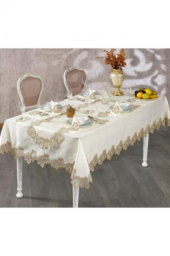 Fransız Güpürlü Çınar Masa Örtüsü Takımı Ekru Bakır 50 Parça - Resim 2