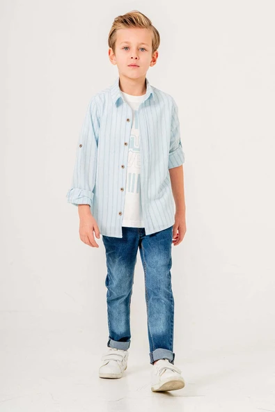 Çizgi Desenli Kot Pantolonlu 3 Parça Erkek Çocuk Gömlekli Takım - Resim 2