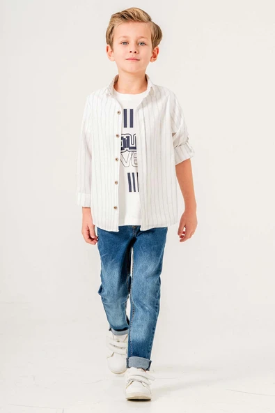 Çizgi Desenli Kot Pantolonlu 3 Parça Erkek Çocuk Gömlekli Takım - Resim 8