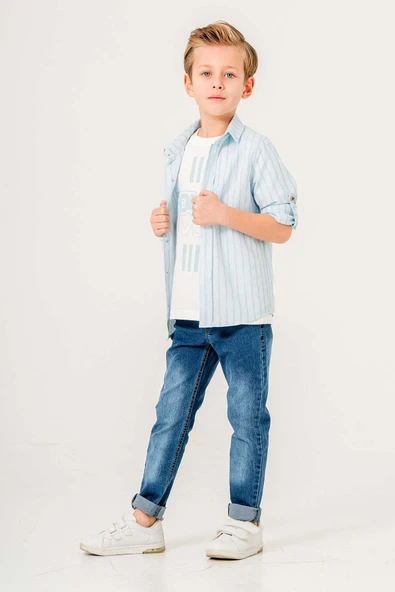 Çizgi Desenli Kot Pantolonlu 3 Parça Erkek Çocuk Gömlekli Takım - Resim 4