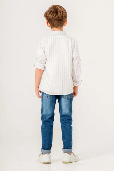 Çizgi Desenli Kot Pantolonlu 3 Parça Erkek Çocuk Gömlekli Takım - Resim 11