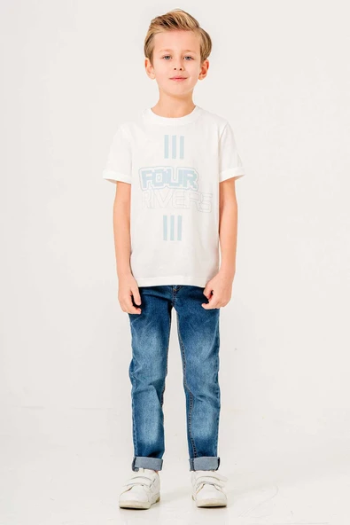 Çizgi Desenli Kot Pantolonlu 3 Parça Erkek Çocuk Gömlekli Takım - Resim 3