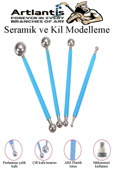 Top Uçlu Seramik ve Kil Modelleme Seti 4 lü 1 Paket Polimer Kil Şekillendirme Çömlek Oyma Çiçek Marzipan Mandala Top Ütü - 4