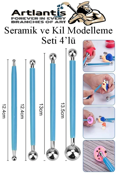 Top Uçlu Seramik ve Kil Modelleme Seti 4 lü 1 Paket Polimer Kil Şekillendirme Çömlek Oyma Çiçek Marzipan Mandala Top Ütü