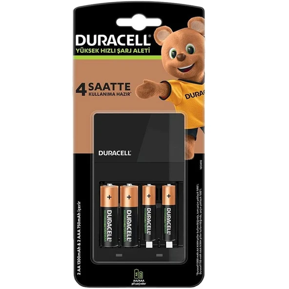 DURACELL CEF-14 HIZLI PİL ŞARJ CİHAZI (PİLLİ)(AA- AAA)(2 ADET X750 MA AAA + 2 ADET X1300 MA AA PİL)