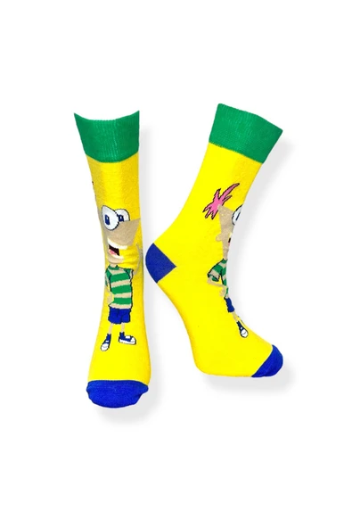 Tekli Unisex Anime Desenli Sarı Renkli Esnek Nem Alabilen Pamuklu Çorap - Resim 2