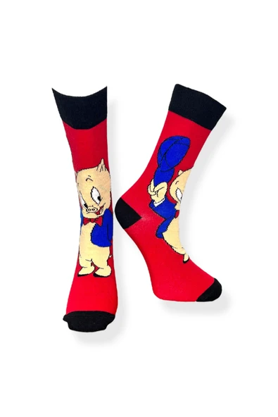 Tekli Unisex Anime Desenli Kırmızı Renkli Esnek Nem Alabilen Pamuklu Çorap - Resim 2