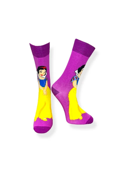 Tekli Unisex Anime Desenli Mor Renkli Esnek Nem Alabilen Pamuklu Çorap - Resim 2
