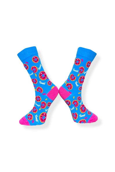 Tekli Unisex Donut Desenli Mavi Renkli Esnek Nem Alabilen Pamuklu Çorap - Resim 2