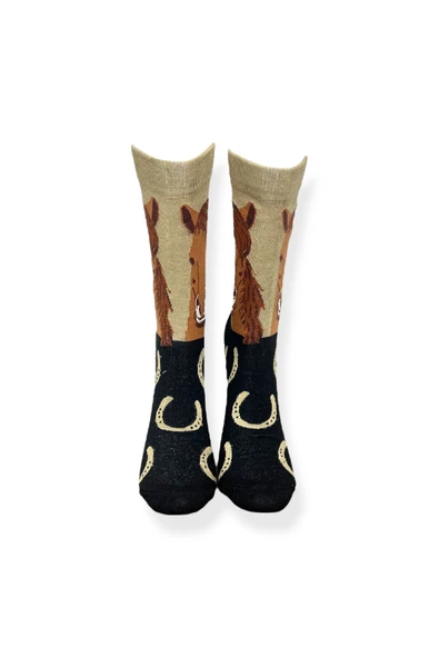 Tekli Unisex At Desenli Kahverengi Esnek Nem Alabilen Pamuklu Çorap - Resim 4