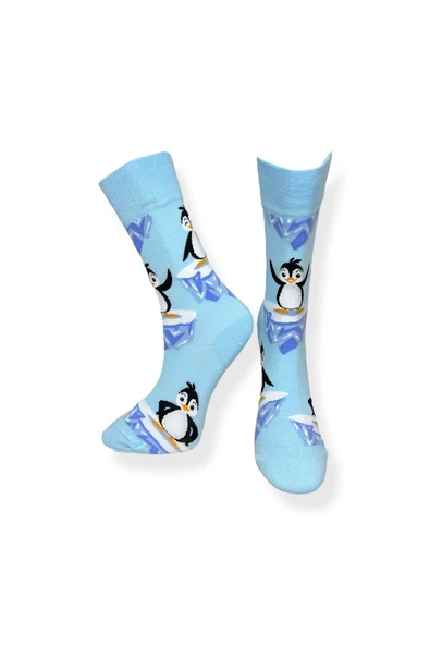 Tekli Unisex Penguen Desenli Mavi Renkli Esnek Nem Alabilen Pamuklu Çorap - Resim 3