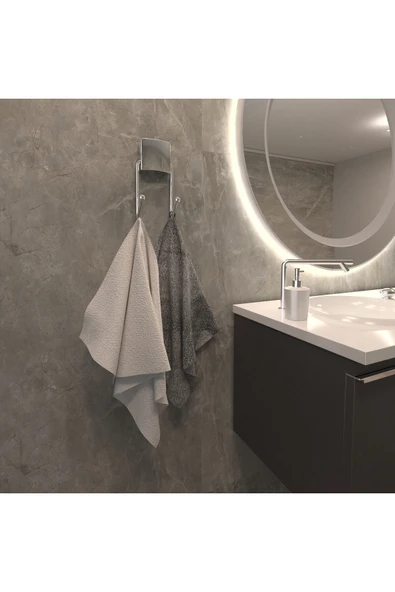 Decorev DC-4772 Dekoratif Yapıştırmalı Banyo Mutfak Metal Iki Kancalı Askı Krom Vidasız Montaj