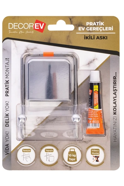 Decorev DC-4772 Dekoratif Yapıştırmalı Banyo Mutfak Metal Iki Kancalı Askı Krom Vidasız Montaj - 3