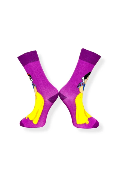 Tekli Unisex Anime Desenli Mor Renkli Esnek Nem Alabilen Pamuklu Çorap - Resim 3