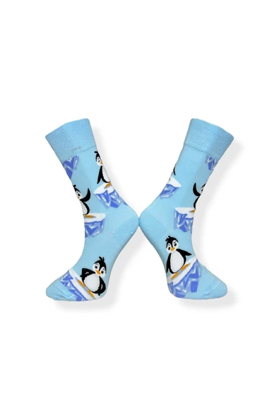 Tekli Unisex Penguen Desenli Mavi Renkli Esnek Nem Alabilen Pamuklu Çorap - Resim 2
