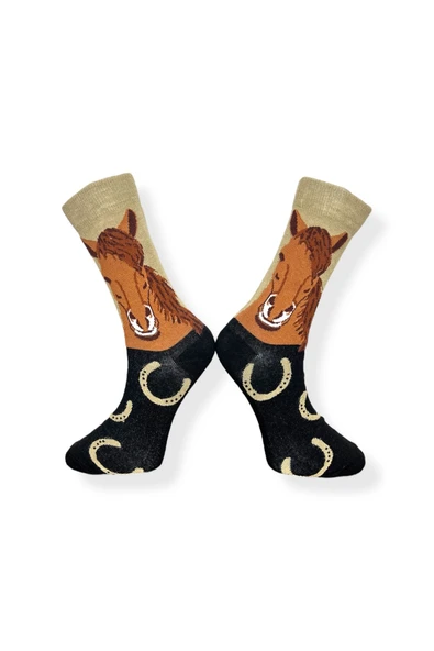 Tekli Unisex At Desenli Kahverengi Esnek Nem Alabilen Pamuklu Çorap - Resim 2