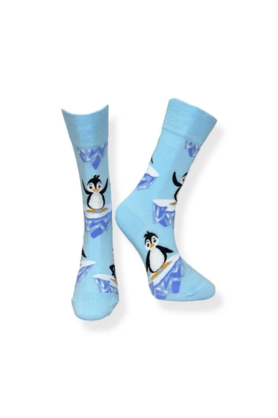 Tekli Unisex Penguen Desenli Mavi Renkli Esnek Nem Alabilen Pamuklu Çorap ürün görseli