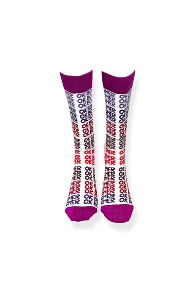 Tekli Unisex Yazılı Beyaz Renkli Esnek Nem Alabilen Pamuklu Çorap - Resim 4