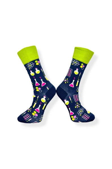 Tekli Unisex Kimya Desenli Lacivert Renkli Esnek Nem Alabilen Pamuklu Çorap - Resim 2