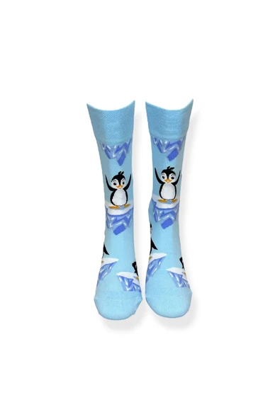Tekli Unisex Penguen Desenli Mavi Renkli Esnek Nem Alabilen Pamuklu Çorap - Resim 4