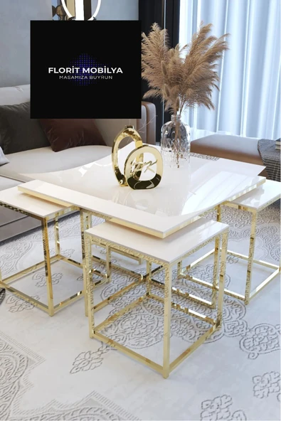Florit Mobilya Klasik Orta Sehpa,Zigon Sehpa,4+1 Sehpa,Pizza Sehpa,Gold Kaplama Mdf Mode 3 - 2