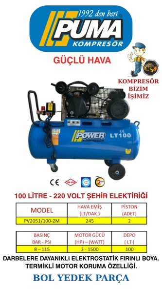 PİSTONLU KOMPRESÖR - 100 Lt - 2 HP - 8 Bar - Hava Üretimi: 200 Lt/dk. - 220 Volt