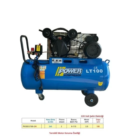PİSTONLU KOMPRESÖR - 100 Lt - 2 HP - 8 Bar - Hava Üretimi: 200 Lt/dk. - 220 Volt