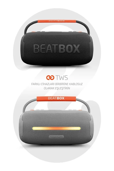 BeatBox LED Işıklı 20W Ses Bombası | USB, SD, AUX, FM Radyo ve Bluetooth Hoparlör Gri - 4