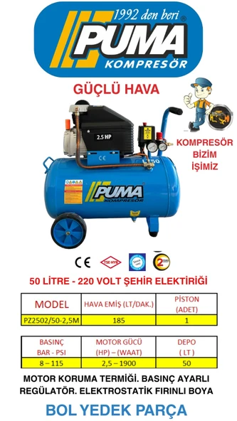 PİSTONLU KOMPRESÖR - 50 Lt - 2.5 HP - 8 Bar - Hava Üretimi: 200 Lt/dk. - 220 Volt