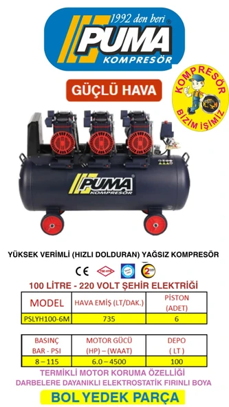 Puma 100 Lt Yüksek Verimli Kompresör (Yağsız 6 Hp)