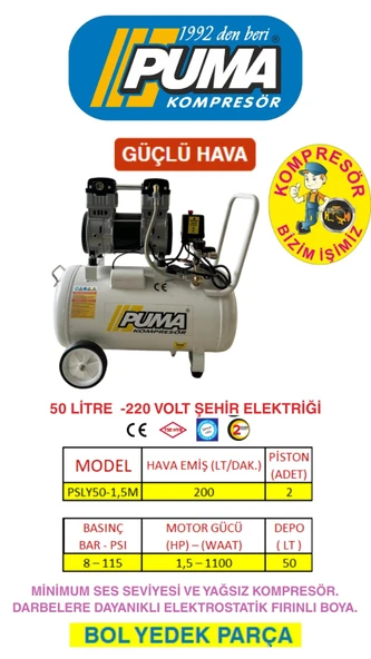 SESSİZ YAĞSIZ PİSTONLU KOMPRESÖR - 50 Lt - 1.5 HP - 8 Bar - Hava Üretimi: 200 Lt/dk. - 220 Volt