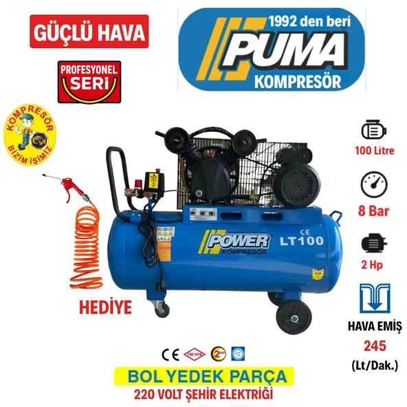 PİSTONLU KOMPRESÖR - 100 Lt - 2 HP - 8 Bar - Hava Üretimi: 200 Lt/dk. - 220 Volt ürün görseli 1