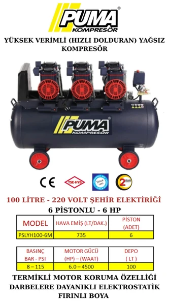 Puma 100 Lt Yüksek Verimli Kompresör (Yağsız 6 Hp)